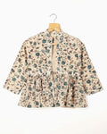 Chaqueta floral vintage melocotón y azul petróleo con volante