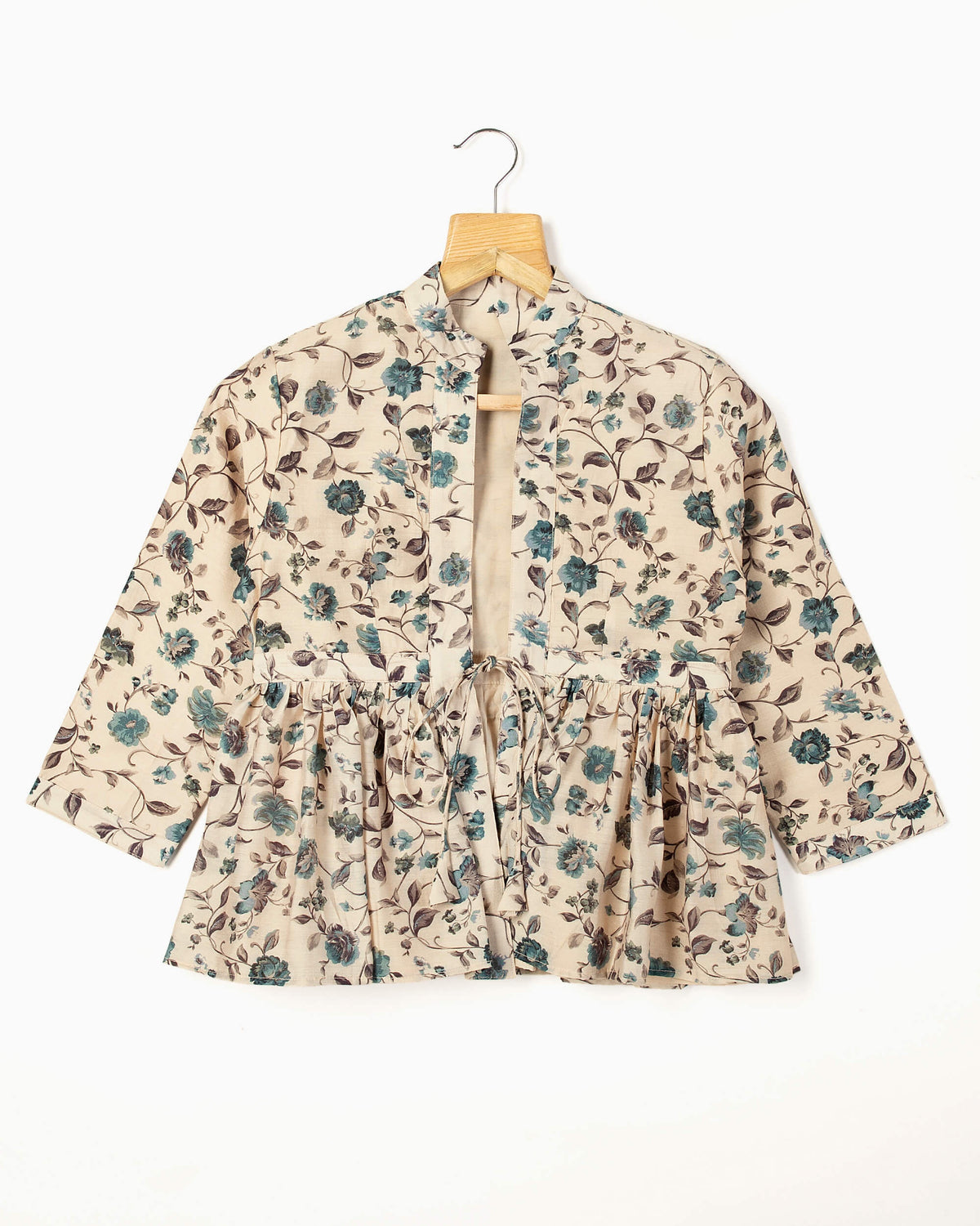 Chaqueta floral vintage melocotón y azul petróleo con volante