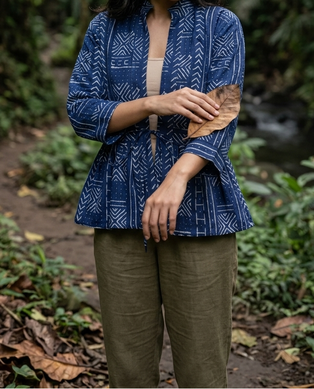 Chaqueta azul marino geométrica con volante