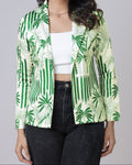 Chaqueta de mujer de satén verde con estampado tropical